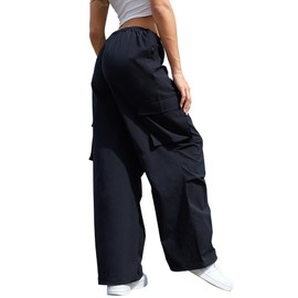 COPYLEAF Cargo Pants Women Low Waisted Parachute Pants with Pockets Loose Baggy Hiking Pants Y2K Clothes Black