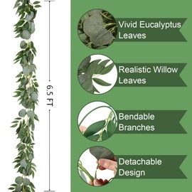 Cekene 2 Pcs 6.5 Ft Artificial Eucalyptus Garland with Willow Leaves Fake Hanging Greenery Vines Table Runner Garland for Wedding Backdrop Arch Wall Decor (2pcs, eucalyptus blend willow)