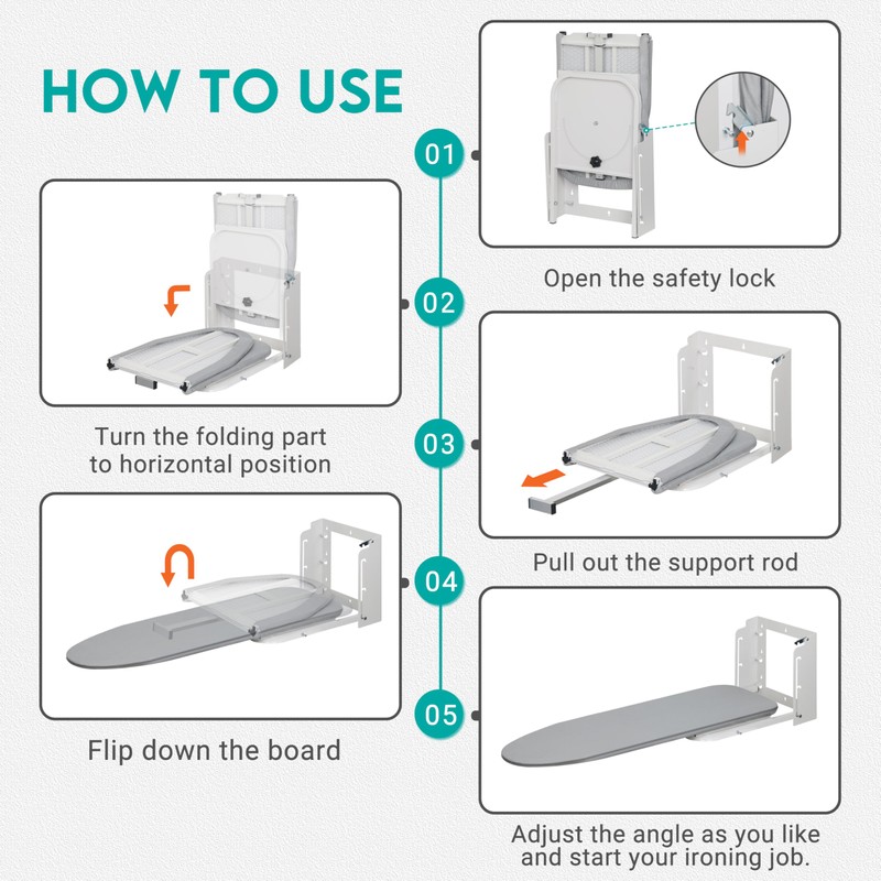 Zoes Homeware Wall Mounted Ironing Board, 180 Rotation, Space-Saving Fold