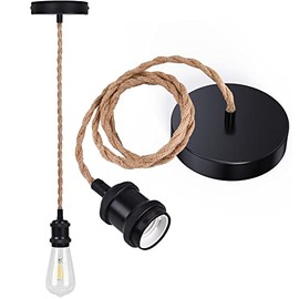 UL Listed Industrial Pendant Light Kit, JACKYLED Hemp Rope Light Fixture with Adjustable Hanging Light Cord & E26 E27 Light Socket, Vintage Ceiling Light for DIY Kitchen Island, Bedroom, Farmhouse