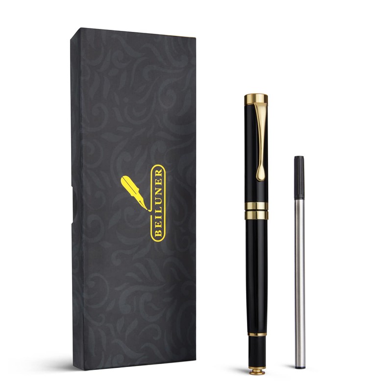 BEILUNER Ballpoint Pens, Stunning Black Chrome Metal Pen with Golden