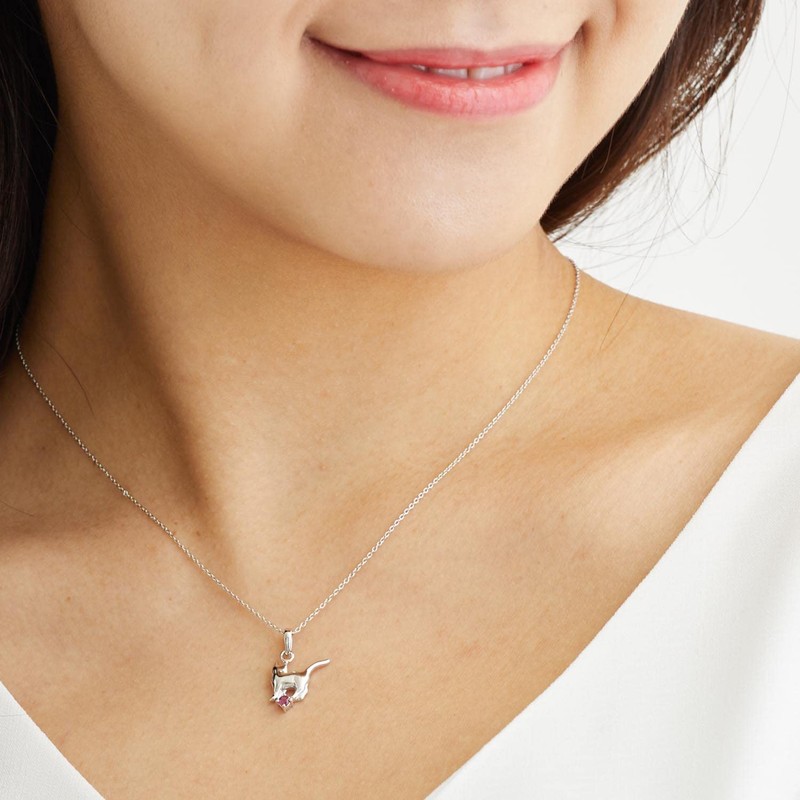 Sears Angel Cat Silver Necklace, Birthstone s-171, Silver, January Garnet