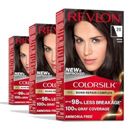 REVLON Revlon ColorSilk with Bond Repair Complex, Black Permanent Hair Color, 100% Gray Coverage, Ammonia Free Hair Dye, Vegan Keratin, 20 Brown Black (Pack of 3)