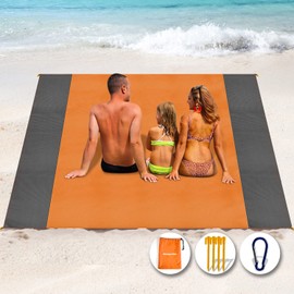 Beesgarden Beach Blanket Waterproof Sandproof, 79''×98'' Oversized Lightweight Orange Beach Mat with 4 Stakes for 5-8 Adults, Summer Essentials Outdoor Large Blanket for Travel Camping Hiking Picnic
