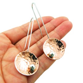 Hammered Copper and 925 Silver Threader Circle Drop Earrings Handmade Jewellery