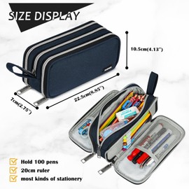 Large Pencil Case 3 Compartments Pencil Pouch Durable Pencil Case for Adult Kids with Handle,Lightweight Canvas Pencil Organizer Bag for School Supplies,Office,Blue
