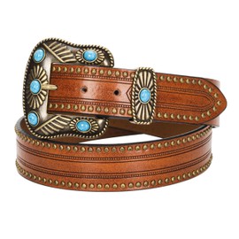 Western CowboyLeather Belts for Women and Men - Classic Country Belts with Tirqouise-Buckles for Jeans Pants