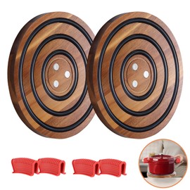 2 Pcs Magnetic Wooden Trivets, Acacia Wood with Black Silicone Rings, Magnetic Pot Holder for Le Creuset Enameled Cast Iron Dutch Oven & Cast Iron Skillets, Wood Trivet