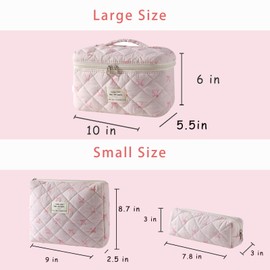 RSRSLEII 3Pcs Large Cotton Quilted Makeup Bag Set, Cute Coquette Floral Cotton Cosmetic Bag with Bows, Aesthetic Travel Organized Toiletry Bags for Women Girls（02Pink Small Bows）