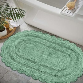 Chardin home Sage Green Crochet Bathrug, 100% Cotton Oval bathmat with artisanally Handcrafted Crochet Border, 24x40 Inch, Large Rug, Perfect for Master bathrooms, bathtubs, Bedside, Nursery.