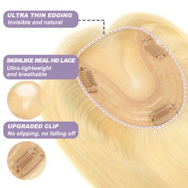 Topunique #613 Bleach Blonde 12 Inch Real Human Hair Topper, 4.5x5 Inch Swiss Lace Base No Bangs Hair Toppers for Women