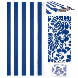 Olly & Rose Luxury Microfibre Extra Large Beach Towel with Zip Pocket and Inflatable Pillow and Reversible Pattern 100 x 200cm Blue - 300GSM Luxury Microfibre Light Weight Travel Towel…