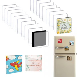 20-Pack 2x2 Inch Clear Acrylic Magnets with Strong Adhesive Backing, Easy Peel & Stick Square Photo Frames for DIY Fridge, Whiteboard, Scrapbooking, Office & Classroom Decor (20)