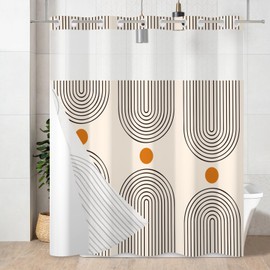 GKLEASG No Hook Shower Curtain with Snap in Liner, Boho Mid Century Modern Arch Heavy Duty See Through Window Waterproof Machine Washable Bathroom Curtain 71" W x 74" L (Pack of 1)