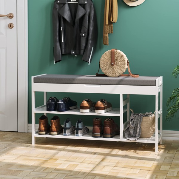 HIFIT Bamboo Shoe Bench Rack with Storage, Entryway Storage Bench