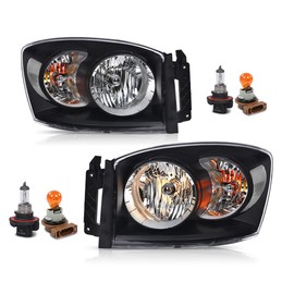 PIT66 Headlight Assembly w/Bulbs Compatible with Dodge Ram 1500 2006-2008 / Fit Dodge Ram 2500 3500 Truck 2006-2009 Headlamp Replacement Black Housing Clear Reflector