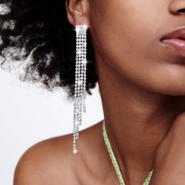 TseenYi Long Rhinestone Tassel Earrings Crystal Long Fringe Earring Chandelier CZ Tassel Earrings Sparkling Bridal Rhinestone Earrings Jewellery for Women and Girls Gifts (Silver)