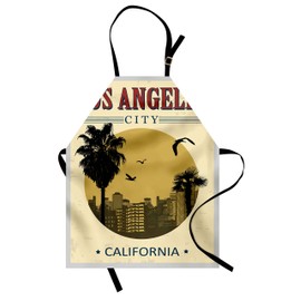 Lunarable USA Apron, Los Angeles City from California in Vintage Style Birds Vacation Journey Travel Theme, Unisex Kitchen Bib with Adjustable Neck for Cooking Gardening, Adult Size, Olive Red