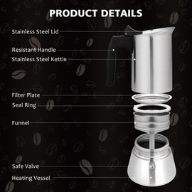 VONATES Stovetop Espresso Maker Stainless Steel Moka Pot, 9 cup Espresso Coffee Pots 450ml/15oz(Espresso Cup=50ml)/1.7oz, Italian Coffee Maker for Induction Cookers Hobs, Cafe Maker for Camping Home