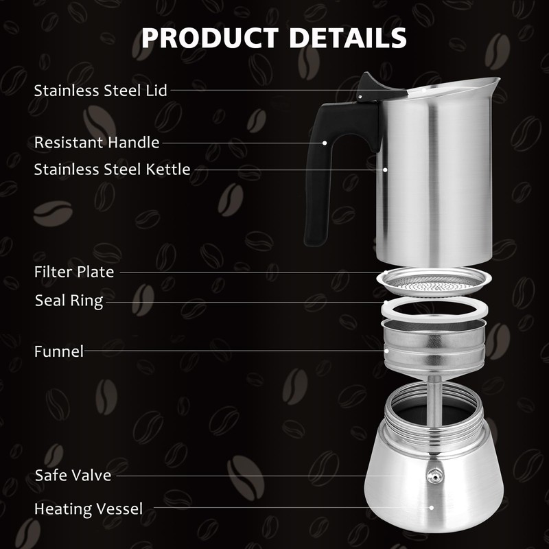 VONATES Stovetop Espresso Maker Stainless Steel Moka Pot, 9 cup