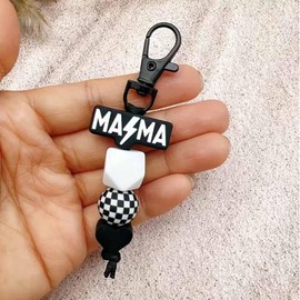 Lemua Black Mom Keychain Silicone Beaded Mama Keychain Checkered Accessories for Women Mom Mama Gifts