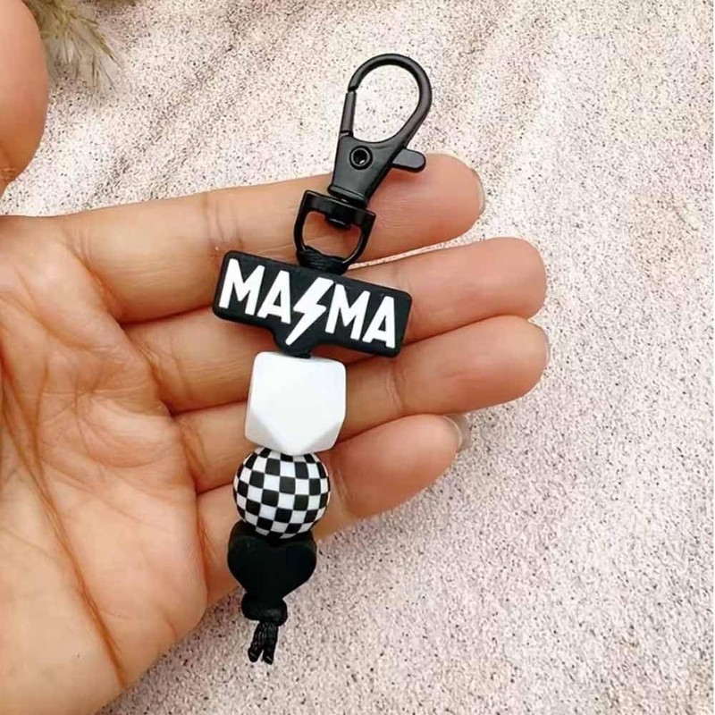 Lemua Black Mom Keychain Silicone Beaded Mama Keychain Checkered Accessories