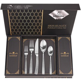 Hammered Silverware Set With Gift Box For 8 Cutlery Set Utensils Stainless Steel Flatware 40 Pieces MIKIWAY Luxury Kitchen Tableware Set For Gifts Festive, Dishwasher Safe, Mirror Polishing