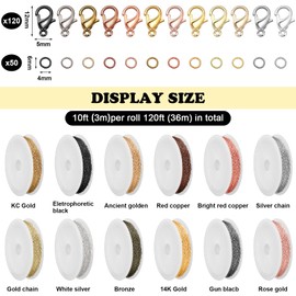 Kenning 12 rollos de cadena de 120 pies y 2 mm para hacer joyas, collares, suministros de colores, rollo de cable de eslabones con cierres de langosta y 50 anillos de salto para pulseras de aretes de bricolaje