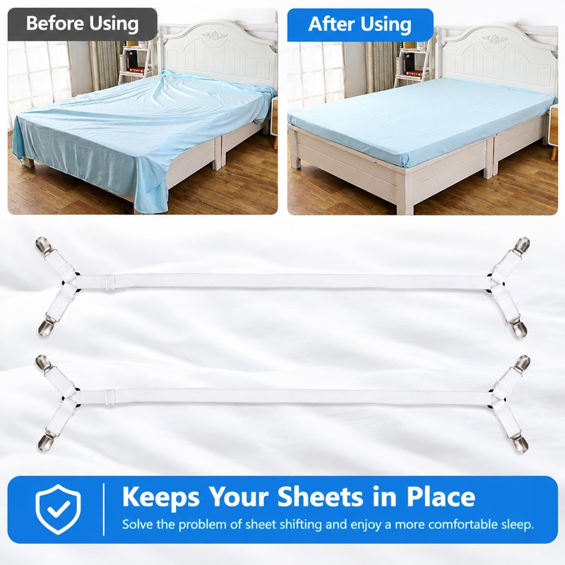 Premium Sheet Straps, Adjustable Crisscross Fitted Sheet Clips (2, White)