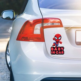 Baby in Car Sticker Driving Safety Warning Sign for Kids Funny Cartoon Decal Cute Little Spider Kid On Board Bumper Sticker for Truck Van SUV Window Caution Printed Vinyl Size 6.4 x 4.0 Inches.