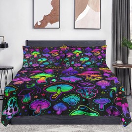 WeCozy Twin Size 3 Pcs Bed Fitted Sheet Set with 14" Deep Pocket, Summer Purple Plant Flat Sheet Set for Kids and Adults, Colorful Neon Mushroom Bedding Set with Pillowcase
