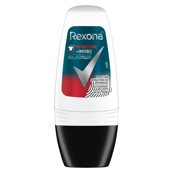 Rexona Antibacterial + Invisible Desodorante Antitranspirante para Hombre en Roll On Antimanchas 50 mL