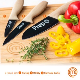 MasterChef Knife Set of 3 Kitchen Knives for Cooking (Chef, Paring & Utility), Professional Sharp Stainless Steel, Non Stick Blades & Soft Touch Handles, Easy Grip, Natural Collection, 3 Piece