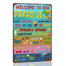 Welcome to Our Paradise Metal Signs Vintage Beach Metal Sign For Wall Decor Backyard Bar Signs Patio Decor Outdoor Pool Decor 8x12 Inch