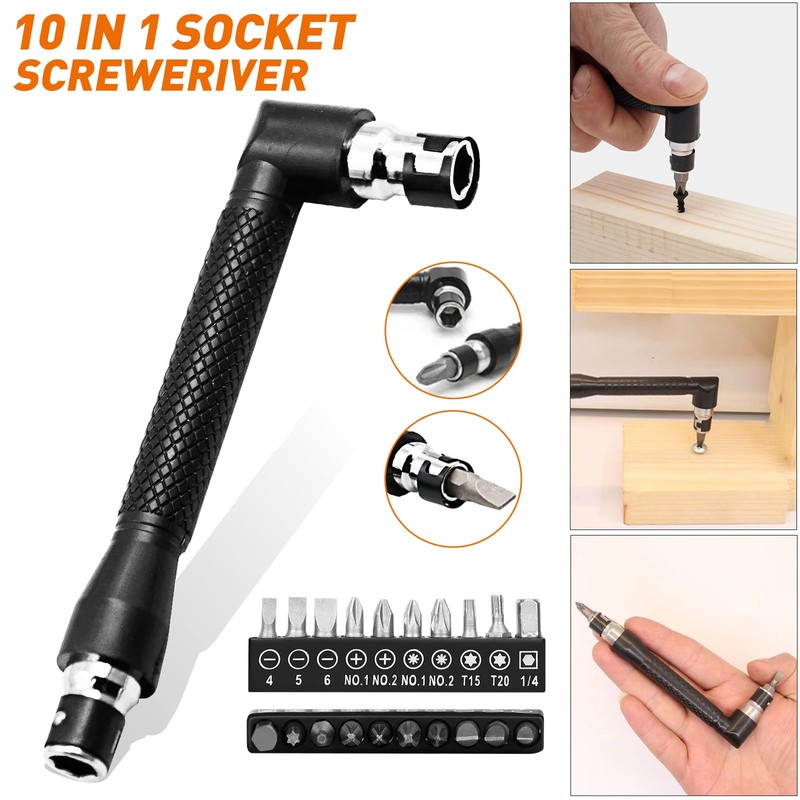 Flexible Drill Bit Extension Set,105° Right Angle Drill Attachment,1/4 3/8