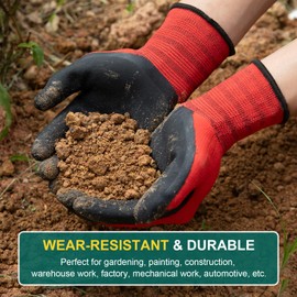 Trifabricy Gardening Gloves for Women/Men - 6 Pairs Breathable Natural Latex Garden Gloves with Grip, Outdoor Hard-wearing Protective Work Gloves for Lawn Yard, Medium, Red & Black