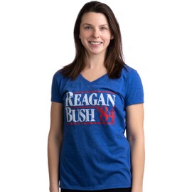 Ann Arbor T-shirt Co. Reagan Bush '84 | Vintage Style Conservative Republican GOP Women V-Neck T-Shirt-Vneck,XL Heather Royal Blue