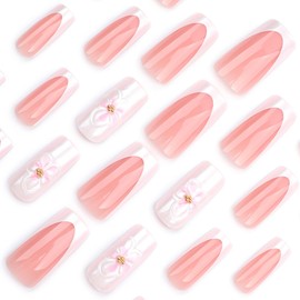 3D Flower Press on Nails Medium Square Fake Nails White French Tip False Nails Press ons with Floral Designs Reusable Acrylic Nails Full Cover Artificial Stick on Nails for Women Manicure 24Pcs