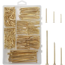 JEGONFRI 6 Sizes Gold Hardware Nails Assortment Kit, 358pcs, Brass Plated, Nails for Hanging Pictures, Finishing Nails, Wood Nails, Wall Nails for Hanging (3, 2, 1-1/2, 1-1/4", 1, 3/4")