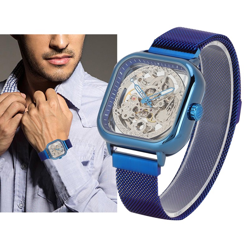 FORSINING Stainless Steel Strap Waterproof Hollow Automatic Mechanical Men WatchBlue