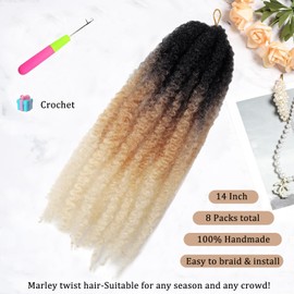 TUVOJALE Marley Twist Braiding Hair 14 inch Afro Kinky Curly Crochet Braids 8 Packs Cuban Twist Crochet Braids Synthetic Low Maintenance Skin-Friendly Marley Hair Extensions(1B/27/613, Packs of 8)