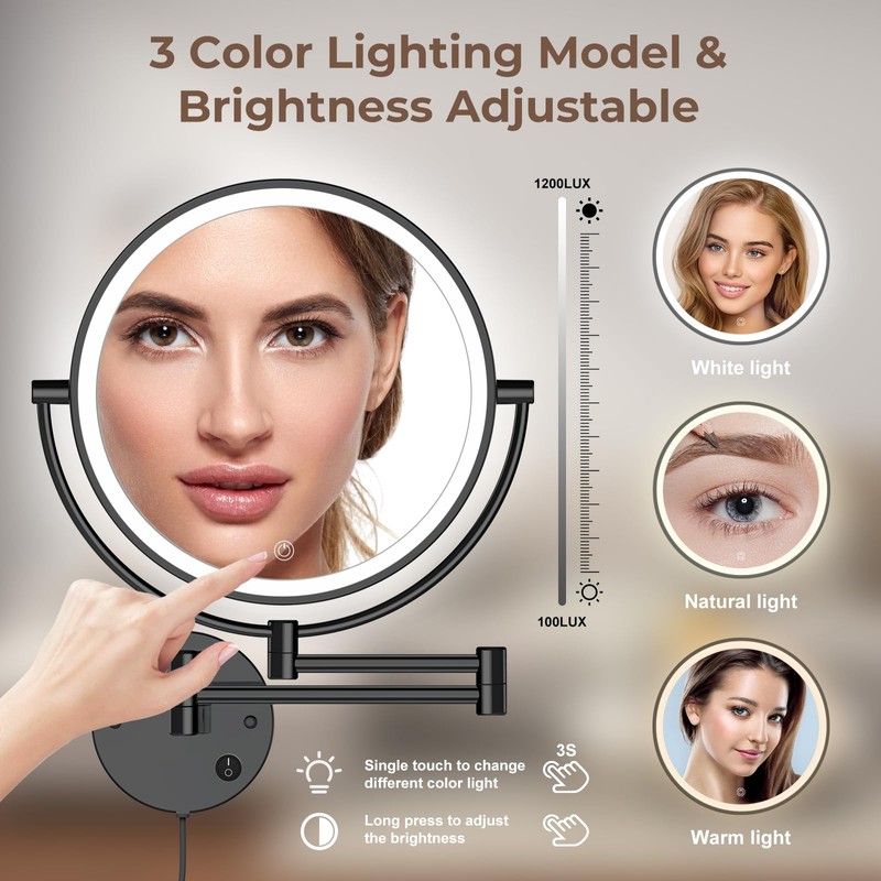 Rocollos 9" Plug-in Wall Mounted Lighted Makeup Mirror 1X/10X Magnification,