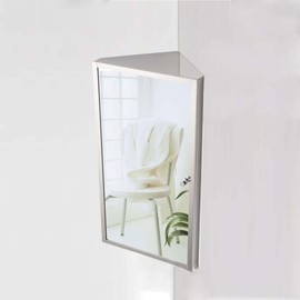 Locuetyn Corner Cabinet with Mirror, Wall Mounted Stainless Steel Bathroom Storage Cabinet with 2 Shelves and Mirror Door, Hanging Triangular Storage for Small Space (Left Door)