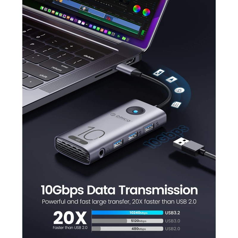 10Gbps USB C Hub,ORICO 7-in-1 USB-C Laptop Docking Station to