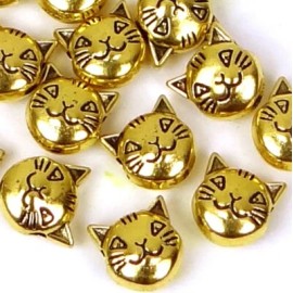 15 Antique Golden Pewter Cat Head Face Bead Kitty Pet Animal 2 sided 8mm