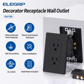 ELEGRP Matte Black Standard Decorator Electrical Wall Receptacle Outlet, 15A 125V, 2 Pole 3 Wire, Non-Tamper Resistant, NEMA 5-15R, Self-Grounding, Mid Wall Plate Included, UL Listed (10 Pack)