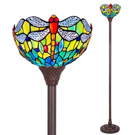 Capulina Tiffany Lamp Stained Glass Torchiere Floor Lamp 70 Inches Tall Industrial Dark Bronze Pole Blue Orange Dragonfly Tiffany Style Standing Floor Lamp for Living Room Bedroom Home Office