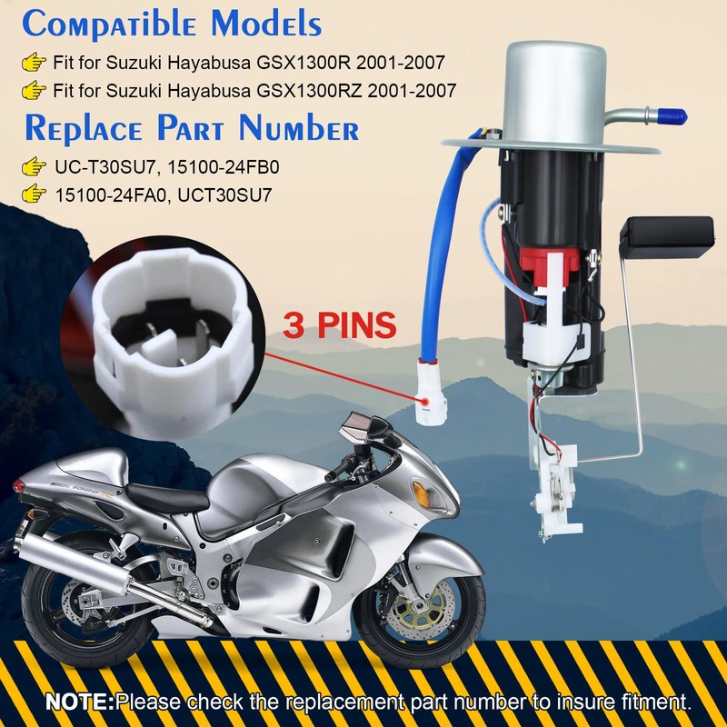 3 PIN 15100-24FB0 Fuel Pump Assembly Compatible with Suzuki Hayabusa