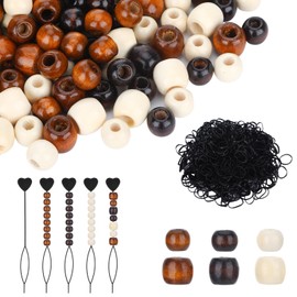 1105 Pcs Wooden Hair Beads for Braids, Large Wooden Beads for Hair Including 600 Barrel Wood Beads 500 Black Elastic Hair Bands with 5 Quick Beader, Large Hole Beads(White Dark Coffee Light Coffee)