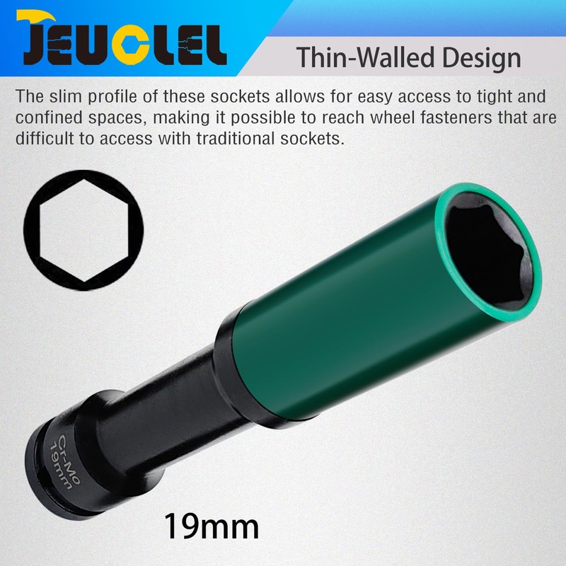 JEUCLEL 19mm 1/2"Extra-long Thin Wall Wheel Protector Impact Deep Socket,